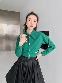 CHEERART 2022 Modes Sieviešu Apgriezts Kreklu Izgriezt Black Zaļo Pogu, Līdz Gredzenūbele Krekls Blūze ar garām Piedurknēm Dizaineru Top Apģērbs