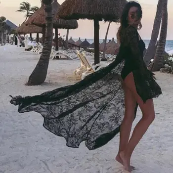 Seksīga Vasaras Sievietes Melna Balta Mežģīņu Bikini Segtu Ups Kimono Boho Beach Sen Maxi Kleita Milzīgais Zaudēt Kaftan Tunika Peldkostīmu