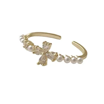 Jaunu nišu dizaina zircon gredzenu sievietēm INS jūra pērļu ziedu rādītājpirksta gredzenu gaismas luxury izsmalcināti dekoratīvu gredzenu
