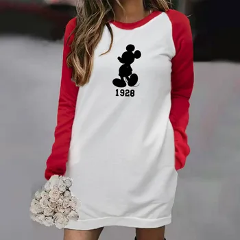 Disney Iespiesti Sieviešu Mini Tshirt Kleita Ar Garām Piedurknēm Gadījuma Kawaii Izšūšanas Krāsu Kleitas O Kakla Rudens Meitene, Halāti Femme Tērpiem