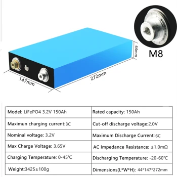 8pcs LiitoKala 3.2 V 150Ah LiFePO4 baterijas var veidot 12V 24V akumulatoru Litija-dzelzs phospha Var veikt Laivu akumulatoru automašīnas akumulatora