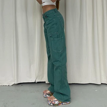 Streetwear Joggers Taisni Džinsi Sievietēm Gadījuma Augstas Starām. Cute Kabatas Bikses Modes Zaļās Džinsa Auduma Treniņbikses Cuteandpsycho