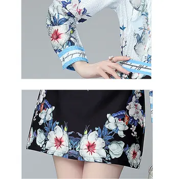 Jaunas Ielidošanas Rudens Mežģīņu tauriņu Krekls un Ziedu Drukāt Mini Svārki Divas gabals Komplekti Sievietēm Skrejceļa Dizaina Modes Uzstādīt Uzvalks S58305