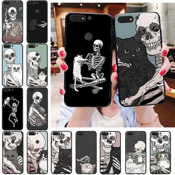 Karikatūra Skeleta Galvaskauss Kaķis Mākslas Tālruni Gadījumā, Huawei Honor 10X Lite 20 7X 7.A 7.C 8.A 8.C 8X 9X 9.A 9S 7S 10es 20i 20S 20lite