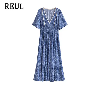 REUL ir 2021. Za Sieviešu Modes Zilā Kroku Drukāt Midi Kleita Vintage Salds Elastīgs Viduklis ar Īsām Piedurknēm, Sieviešu Kleitas Vestidos