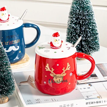 Ziemassvētku Krūzes Pāri Keramikas Santa Claus Figūriņas Ar Vāku Dāvanu Ūdens Kausa Brīvdienu Office Home Piens Kafija