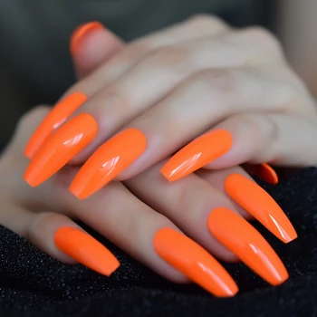 Modes vienkrāsainu Neona Oranža Papildus Ilgi, Balerīna, Zārku UV Viltus Nagus Dzīvoklis Pirkstu Viltus Nagu Nospiediet uz Pusi Salons 