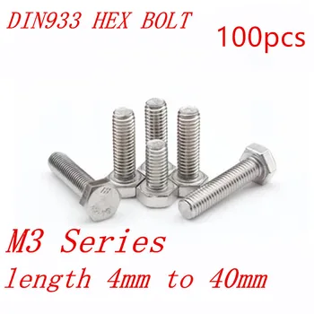 100gab DIN933 M3 3mm 304 nerūsējošā tērauda hex skrūves M3*6/8/10/12/1/16/18/20/25/30/35/40mm