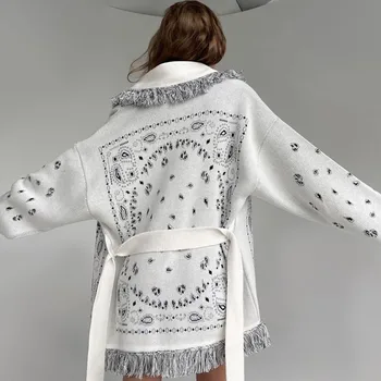 WJFZQM Modes Jostas Pušķis trikotāžas Lielgabarīta Džemperi Jaciņa Sievietēm Eleganto Ģeometriskā Drukāt garām Piedurknēm Jaka Džemperi