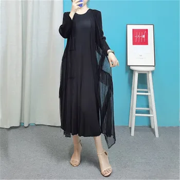 Miyake kroku kleita vasaras sieviešu apģērbu 2021 jaunu modes un ērti pušķis viltotas divu gabals brīvs plus lieluma kleita sievietēm