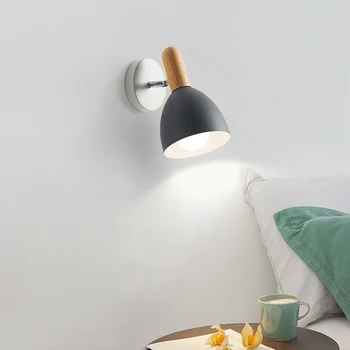 Apaļa galva gultas lampa, sienas lampas koka sienas lampas gultas sienas lampas modernās sienas gaismas guļamistabai Ziemeļvalstu E27