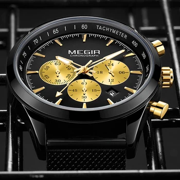MEGIR Biznesa Skatīties Pilnu Tērauda Sietu Siksna Modes Sporta rokas Pulkstenis Ūdensizturīgs Pulksteņi Vīriešu Black Gold Chronograph Kvarca Pulkstenis