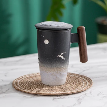 LUWU Mēness Briežu Keramikas Tējas Krūze ar Infuser un Koka Rokturi 400 ml