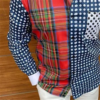 Modes drukāt Polka-dot Krāsu bremžu pretbloķēšanas Pleds Tekstūra garām piedurknēm Krekls Vīriešu Slim Krekls Gadījuma Savukārt-Apkakle Streetwear