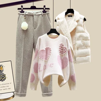 Fall Winter Jaunu Gadījuma Džemperis 3 gabals komplekts Sievietēm korejas Modes Salda Sirds formas fāzēm Džemperis + Jēra vilnas veste + Bikses Uzvalki