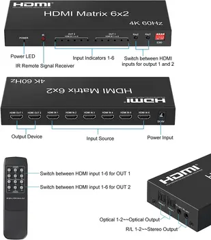 4K 60Hz 6x2 HDMI Matricas Maiņa hdmi audio / video splitter matricas 6x2, 4x2 2x4 ' 4x4 Komutatoru ar ar RS232&EDID par PS4 PC HDTV