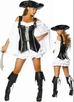 Deluxe Negodīgi Pirāts Melnā un Sudraba Samta Mākslīgās Ādas Kostīms Karību Cosplay kleita sievietēm