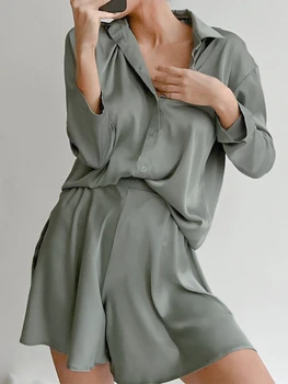 Sieviešu Pavasara Vasaras Satīna Homewear Pidžamas Uzvalku ar garām Piedurknēm Krekls + Šorti Divu Gabals, kas Sieviešu Modes Gadījuma Tērpiem
