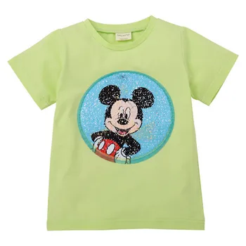 Disney 1 gab., bērnu T-krekls Mickey drukāt rakstu sequin burvju apaļu kakla non-fading kokvilnas zēnu T-krekls jaunas