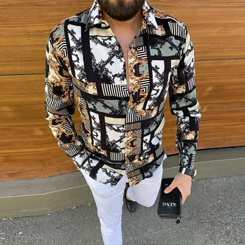 Rudens Jaunas Vintage Modelis Drukā ar garām Piedurknēm Slim Krekli Vīriešu Modes Buttoned Topi Vīriešu Kārtas-Apkakle Krekls Streetwear