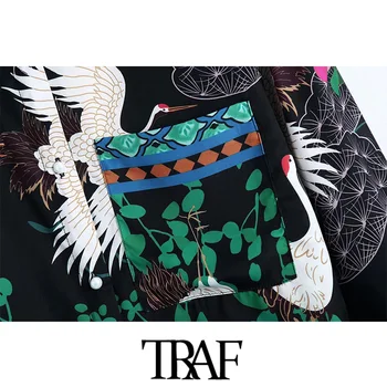 TRAF Sieviešu Modes Plāksteris Kabatām Plūst Celtņa Drukāt Blūzes Vintage garām Piedurknēm Pogas-uz augšu Sieviešu Krekli Blusas Šiks Topi