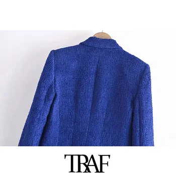 TRAF Sieviešu Modes Atšķirībā Drukāt Uzliku Tvīda Aprīkots Žakete Vintage Mētelis ar garām Piedurknēm, Kabatām Sieviešu Virsdrēbes Šiks Veste