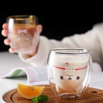 Radošā divslāņu kafijas krūze gudrs Shiba Inu stikla karikatūra bērnu piena kausa dāmas piena tējas tase neto red Shiba Inu jautri stikla
