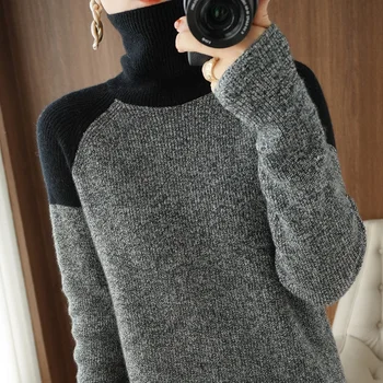 Ir 2021. Jaunu kašmira džemperis sievietēm ir augsta kakla krāsu saskaņošanas vilnas džemperis lielu izmēru modes silts adīts džemperis bāzes