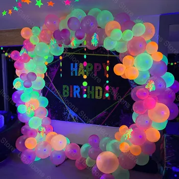 1 Iestatiet Neona Baloni Arkas Vainags Dzimšanas dienu Spīd UV Baloni Blacklight Kvēlojošs Globos Disco 90 80's Party Dzimšanas diena Apdare