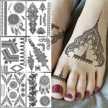Mandala Ziedu Temporaray Tetovējumiem Sievietēm, Pieaugušajiem Cilšu Hennas Tetovējumu Uzlīmes Melnas Mežģīnes Dreamcatcher Viltus Tatoos Kājas, Rokas,