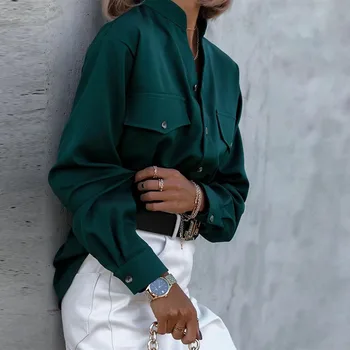 Jauno Modes Tumši Zaļā Dāma Elegants Birojs Blūze Stand-up Apkakle, Pogas, Kabatas Krekls Top Pavasara Rudens 2022 Cietā Vietas Sieviešu