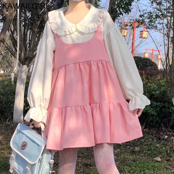 Japāņu Maiga Meitene Cute Kleitu Kawaii 2-Gabals, Kas Krekls Ar Garām Piedurknēm Rozā Mežģīņu Zeķu Svārki Ir 2021. Pavasara Lolita Mini Kleitas