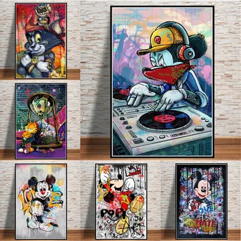 DJ Mickey Mouse Modes Disney Sienas Mākslas Mājas Dekoru Grafiti Multiplikācijas filmu Plakāti Un Izdrukas Audekls Gleznošanai Cuadros, Lai Dzīvojamā Istaba