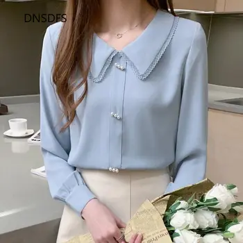 Balts Zils Krekli Korejas Modes Dāmas Ar Garām Piedurknēm Šifona Kreklu Vienkārši Mežģīnes Peter Pan Apkakli Biroja Blūze Sievietēm, Topi Blusas