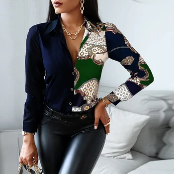 Ir 2021. Sieviešu Modes Elegantu Šalli Ķēdes Drukāt Dizaina Krekls Ar Garām Piedurknēm Raibs Pavasara Rudens Officewear Blūze Sievietēm