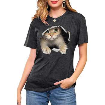 Sieviešu Mode T-Krekls Pavasara un Vasaras Kaķis Drukāšanas Zaudēt Apaļu Kakla Īsām Piedurknēm T Krekli, Topi Plus Lieluma