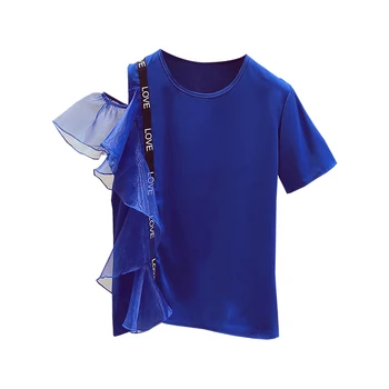 Zils T 2020. Gada Vasarā Jaunu Korejiešu Organza Savirmot Savienoti Pie Pleca Ar Īsām Piedurknēm T Krekls Sievietēm Ikdienas Krekls Kokvilnas T-Veida Topi