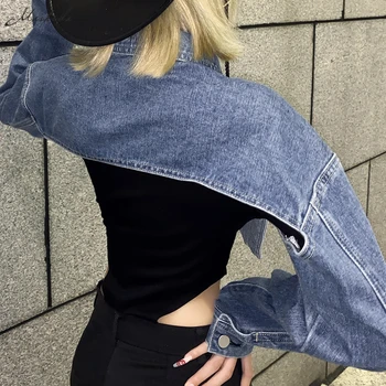 Macheda Vintage jeans īsā jaka āra gadījuma sievietes īss tops iela visur neregulāras kultūru garām piedurknēm slim tendence jaka