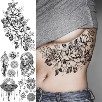 3D Black Peoniju Ziedu Vidukļa Pagaidu Tetovējumiem Sievietēm Pieaugušo Mandala Zilonis Gangsteris Viltus Tetovējums Augšstilba Mazgājams Tetovējums, Uzlīmes