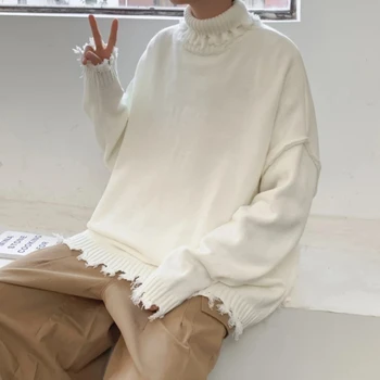 Džemperi, Vīriešu Ripped Neregulāru Caurumu Adīšanas Silts Baggy Izspēles Kakla Džemperis Modes Pāris korejiešu Stilā Visu maču Streetwear Jaunas