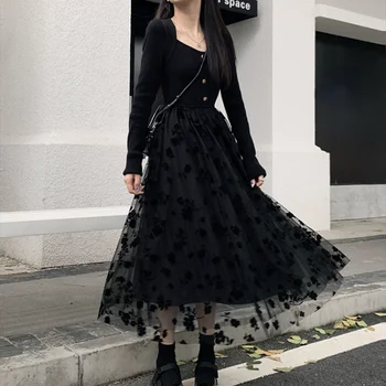 Gotiskā Melnā Kleita Sievietēm Gadījuma Vintage Trikotāžas Midi Kleitu Elegants Puse Ir 2021. Ziemas Y2k Viens Gabals Kleita Korejas Modes Outwear
