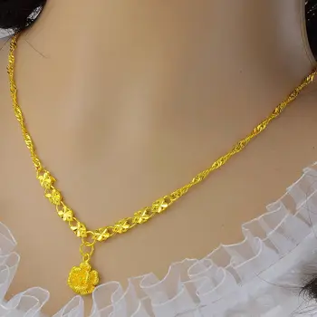 Dzeltens Zelta Piepildīta Rose Puķu Kaklarota, Kulons Šarmu Sieviešu Clavicle Ķēde 50cm