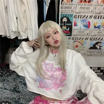 HOUZHOU Balts Harajuku T-krekls Y2k Sieviešu Anime garām piedurknēm Kawaii Gudrs Kultūraugu Top korejas Versija Streetwear Tees E Meitene Apģērbs
