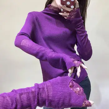 Pavasara Rudens Ir 2021. Sieviešu Apģērbu Modes Dāmas Džemperis Puse augstu uzrullētu apkakli Mežģīņu Apkakli, garām Piedurknēm Top Džemperis Trikotāžas Pamata
