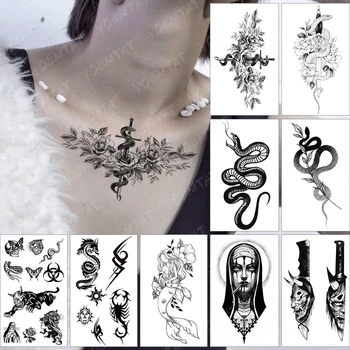 Ūdensnecaurlaidīgus Pagaidu Tetovējumu Uzlīmes Vecās Skolas Flash Tetovējums, Tumši Čūska Pārrobežu Ziedi Roku Delnas Viltus Tatto, Lai Body Art Sievietes Vīrieši