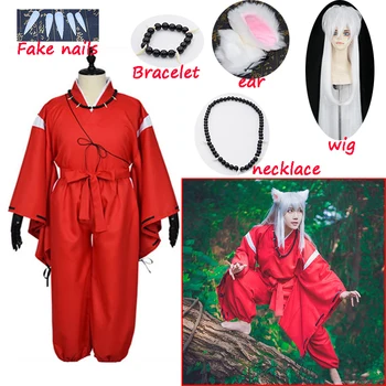 Anime Inuyasha Cosplay Kostīmi Red Japāņu Kimono Vīriešu Tērpu Kostīmu W Parūkas Ausis Un Kaklarota Halloween Puse vīriešiem un sievietēm