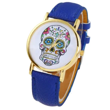 Top Galvaskausa Sievietēm Skatīties Meksikāņu Catrina Ziedi Krusta Pu Ādas rokas pulkstenis Meitene Vintage Modes gadījuma ženēvas stila Reloj A708