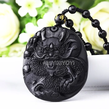 Skaisti Handwork Dabas Black Obsidian Cirsts Ķīnas Likvidācijas Pūķis Amuletu Laimīgs Kulons + Pērles Kaklarota Modes Rotaslietas