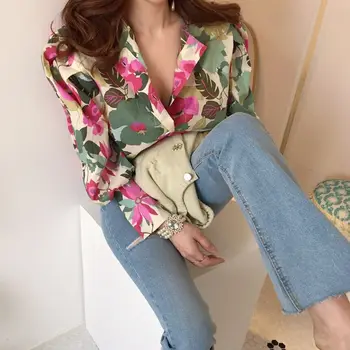 Sieviešu Ziedu Drukāt Korejas Stila Krekls Vintage Rudens Modes Gadījuma Brīvs Tops ar garām Piedurknēm, Elegants Birojs Dāma Outwear Tee