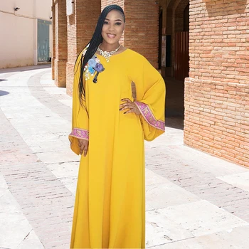 Dzeltena Apmainīt Maxi Plus Lieluma Kleitas, Sievietēm Apaļu Apkakli Ilgi Uzliesmoja Piedurknēm Aplikācijas Pulovers Vestidos Dāmas Africaine
